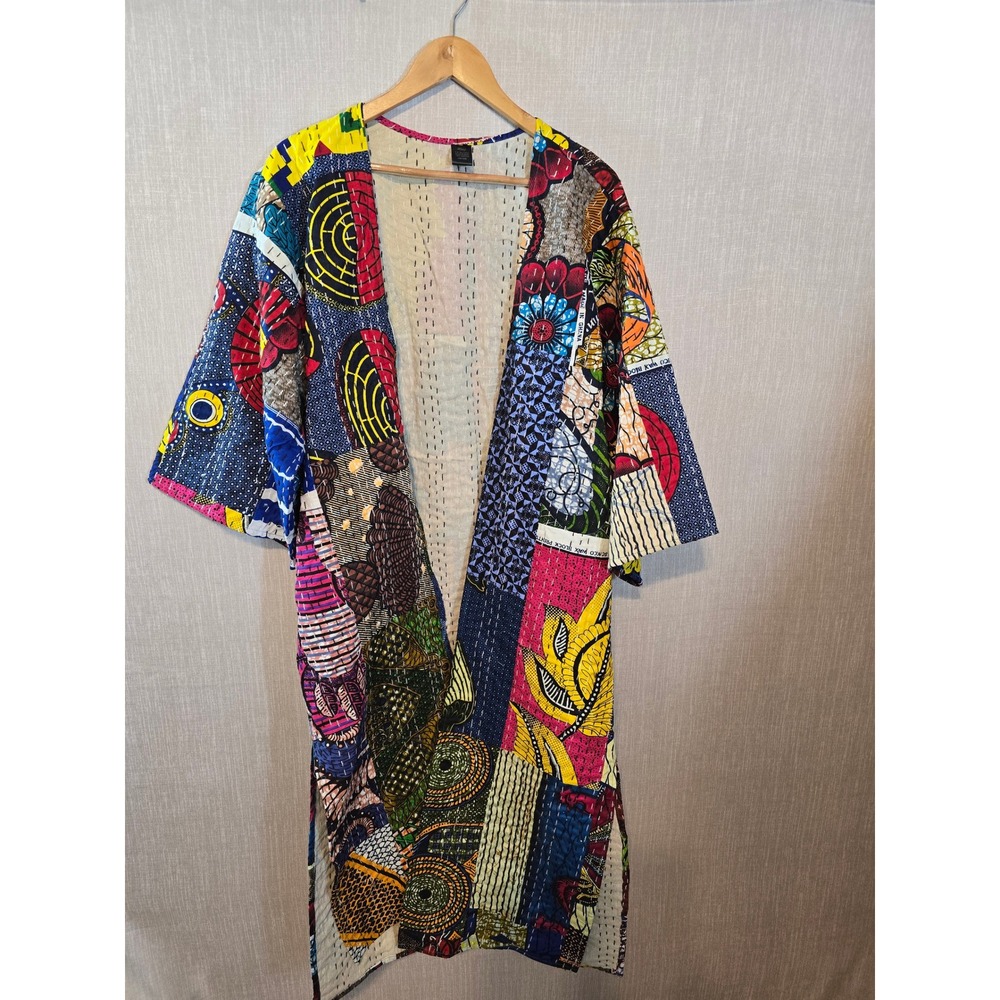 Raj Patchwork Kantha Stitch Kimono Jacket‎ One Size India Cotton Pockets